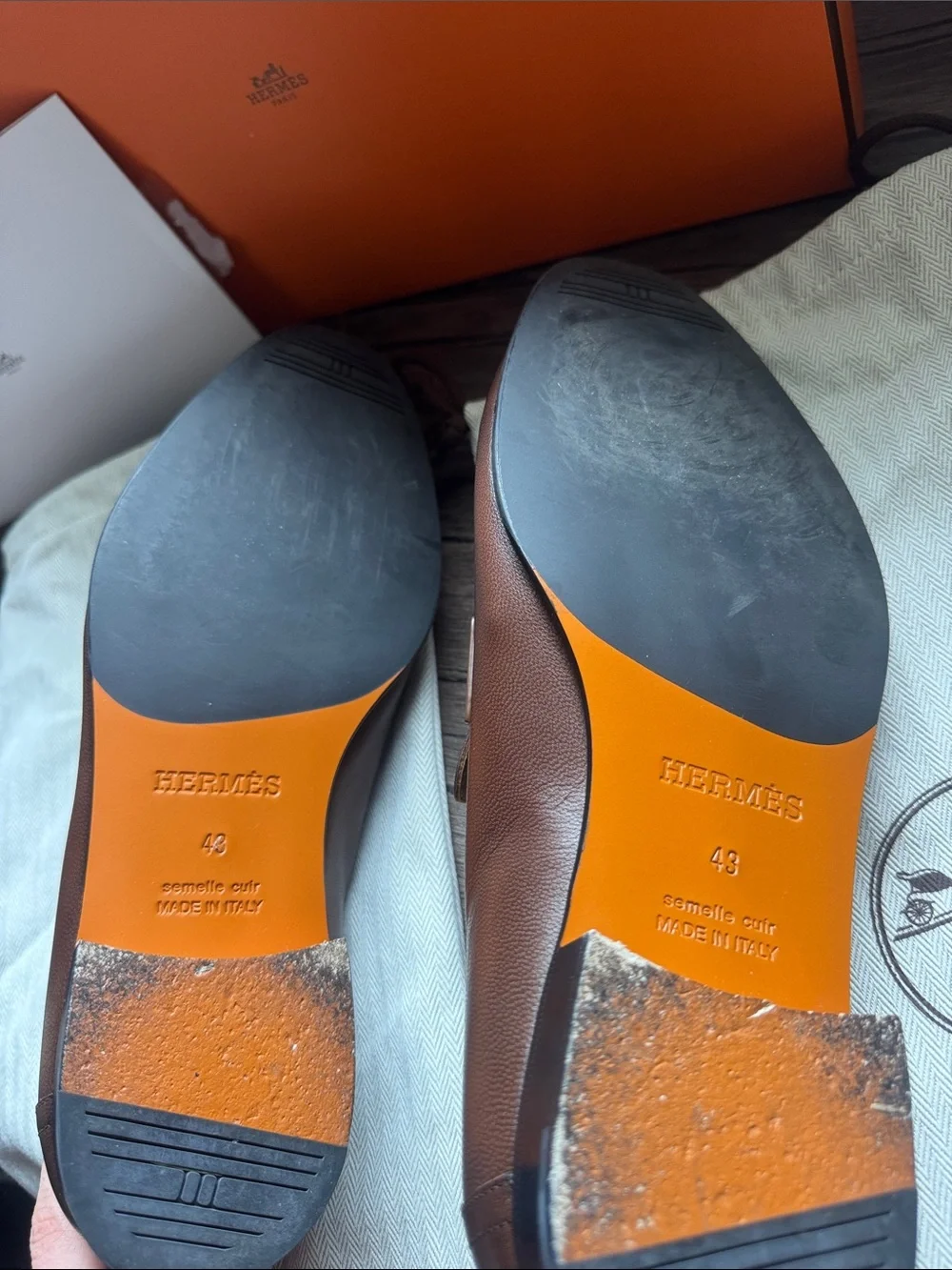 Hermes Brown Leather Loafers with Gold H Buckle